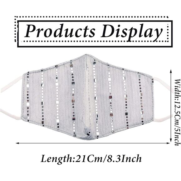 Women's Sparkly Sequin Face Cover Glitter Cotton Sequins Breathable Silver - Picture 3 of 7